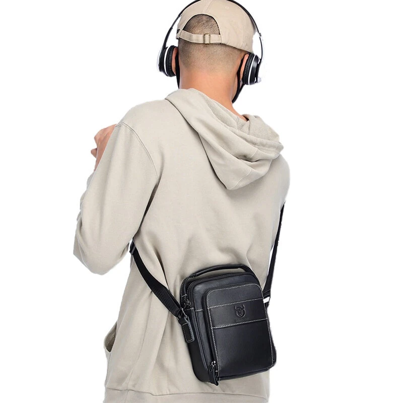 (image for) BULLCAPTAIN Genuine Leather Men Shoulder Bags Vintage Small Flap Crossbody Briefcase Handbag Vintage Messenger Bag